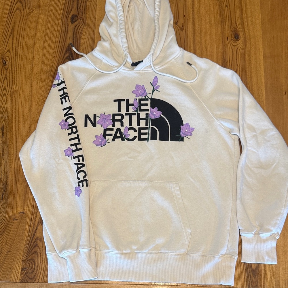 North Face White Hoodie with Black Logo and Lavender Flowers